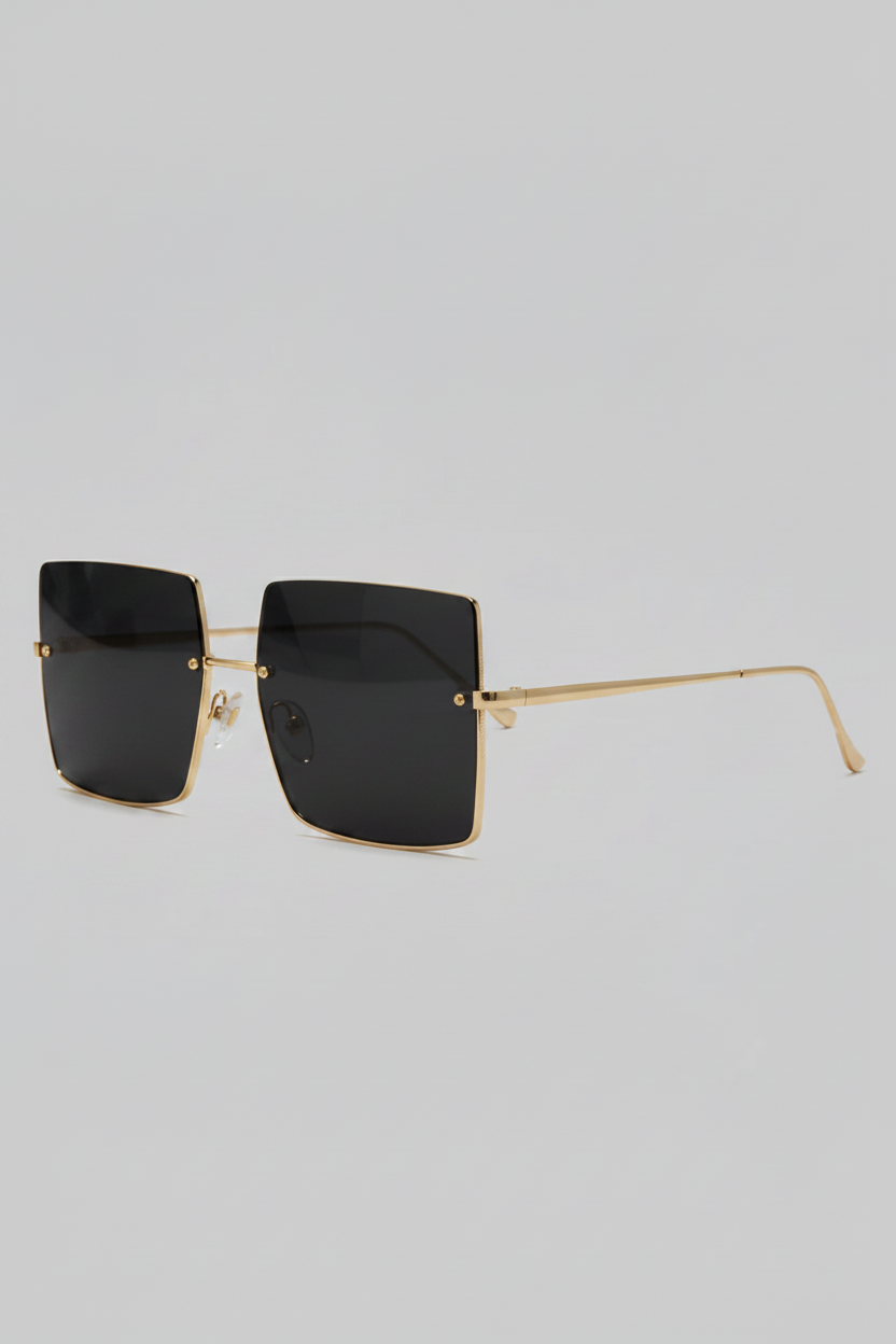 Sunglasses with gold frame and dark lenses on a white background