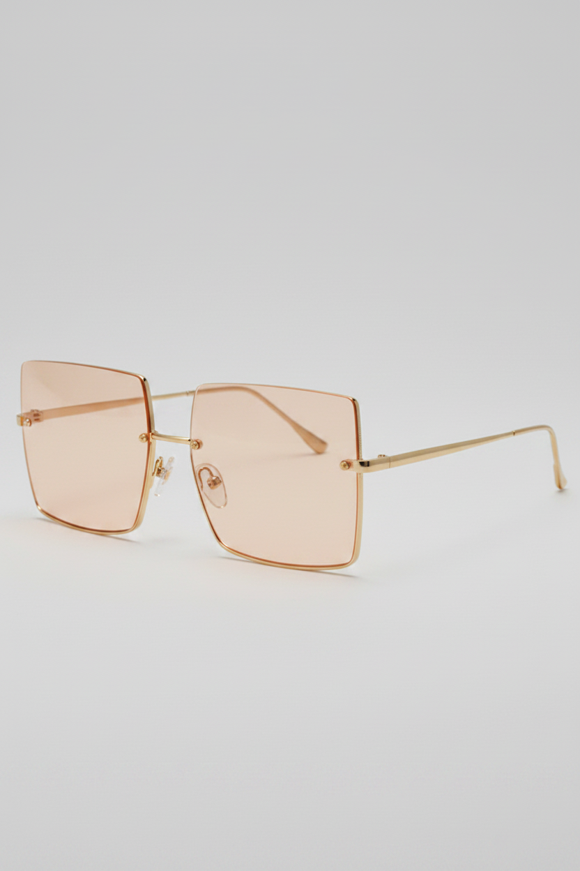 Sqaure sunglasses with peach-tinted lens and gold frames on a light grey background