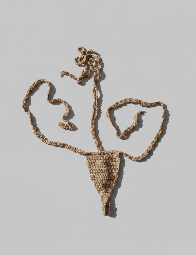 Nude crocheted thong bikini on a light gray background