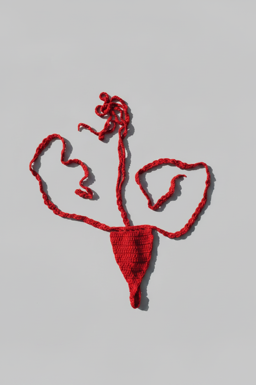 Red crocheted thong bikini on a light gray background