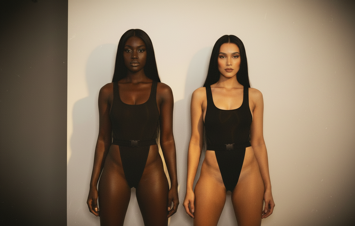 Two models wearing the eau black Buckle Up high cut one piece swimsuit with front buckle hardware.