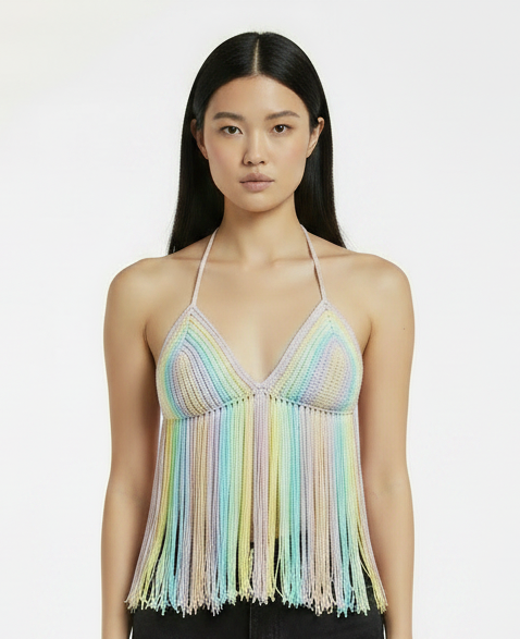 Woman wearing a colorful fringe top and black shorts on a white background