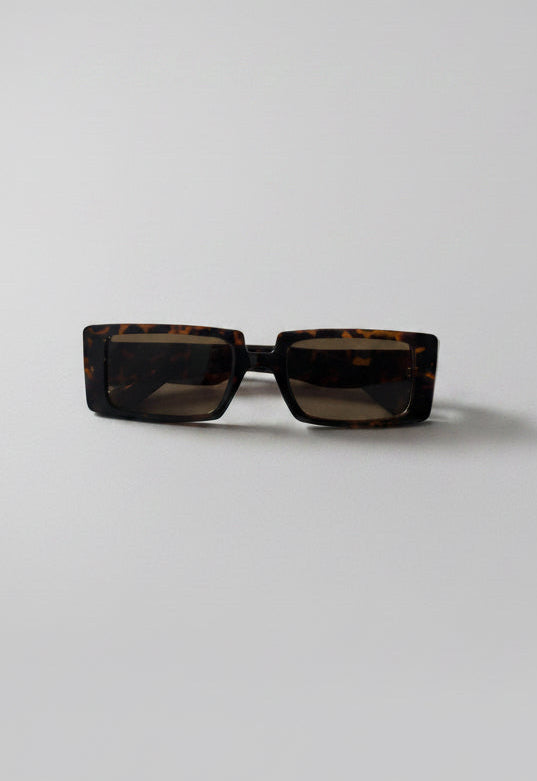 Sunglasses with tortoiseshell frame on a light gray background