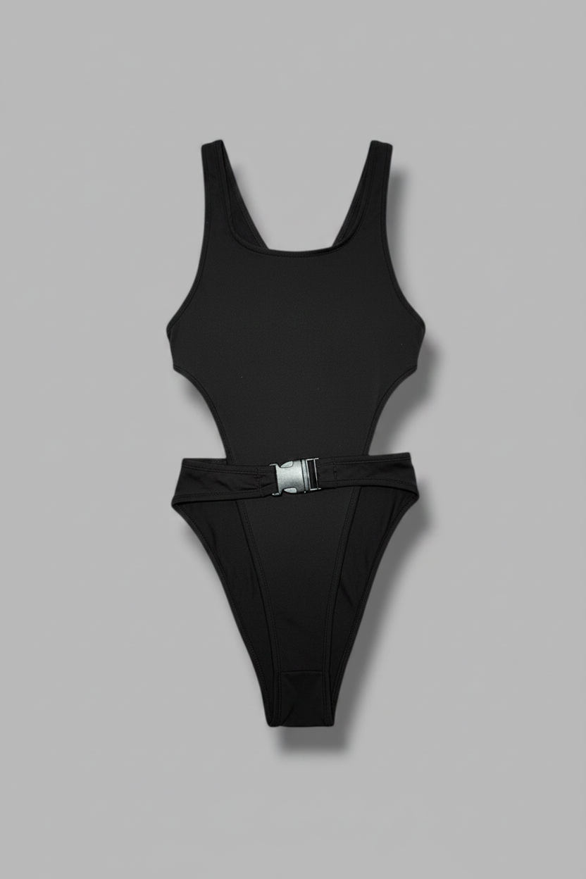 Black swimsuit with a belt on a gray background