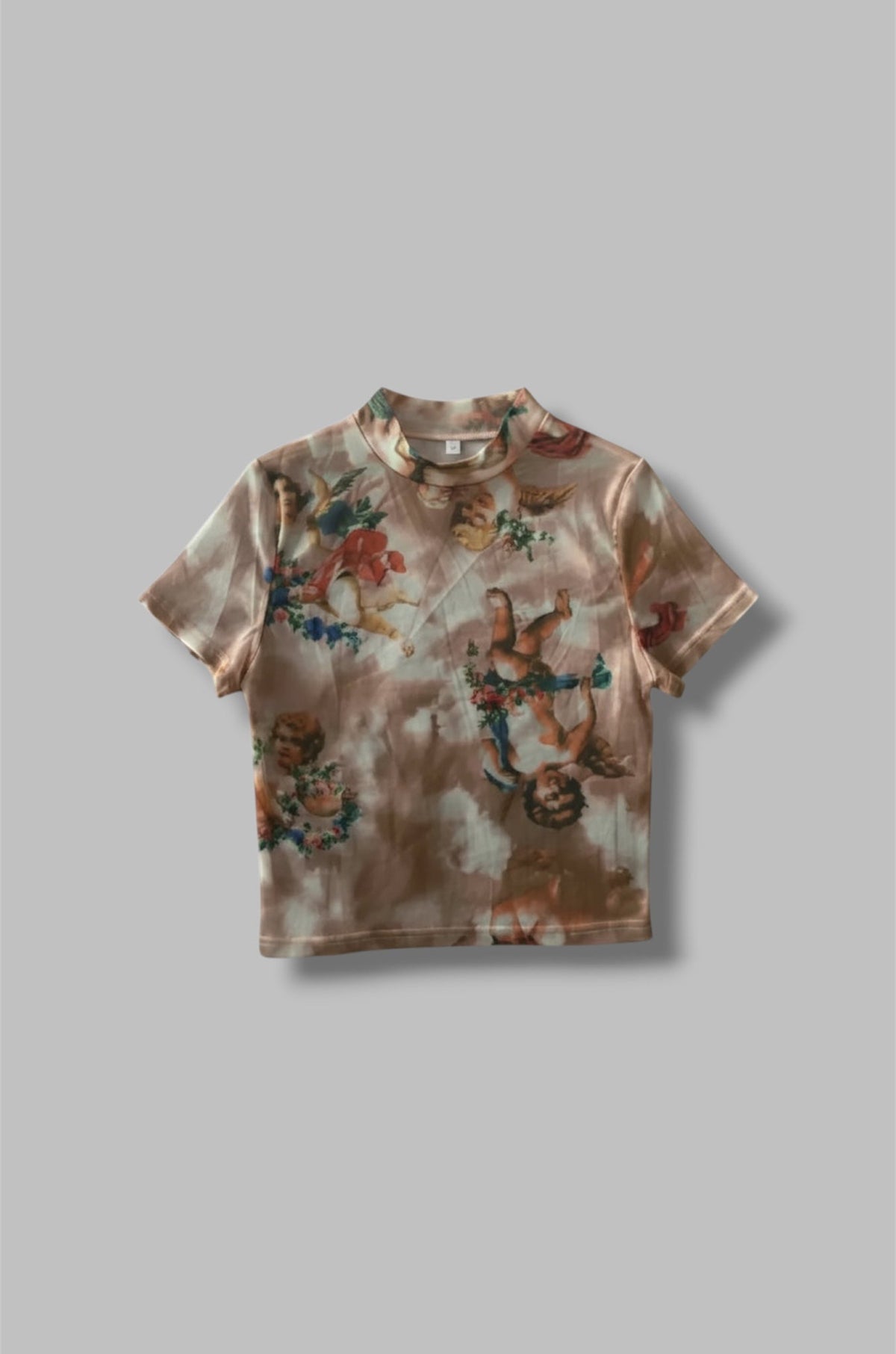 Angel prints on a mesh cropped shirt on a grey background