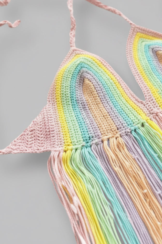 Colorful fringe halter top on a gray background