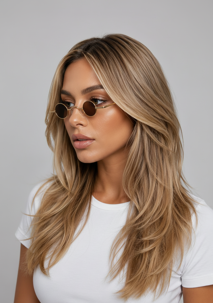Blond model wearing round retro sunglasses with a plain background