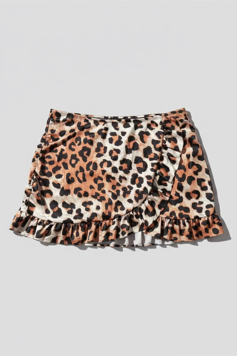 A leopard print mini skirt with a ruffled hem, laid flat on a light grey surface.