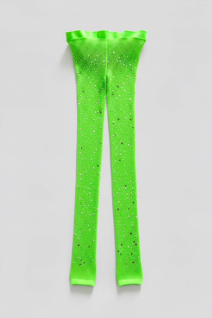 Neon green tights laid flat on a grey background