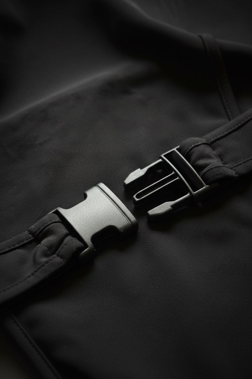 Close-up of a black nylon strap with two black plastic quick-release buckles on a dark textured fabric background.