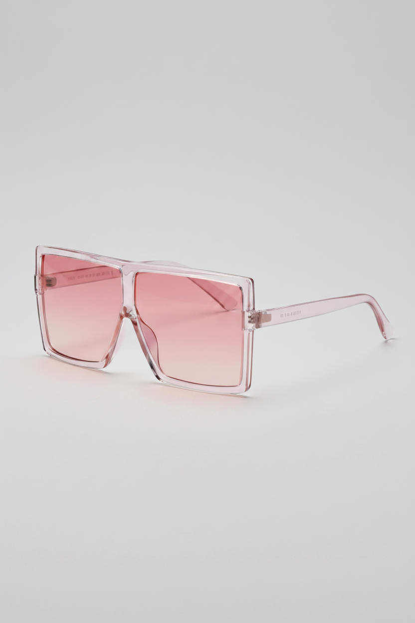 Pink sunglasses with a clear frame on a white background