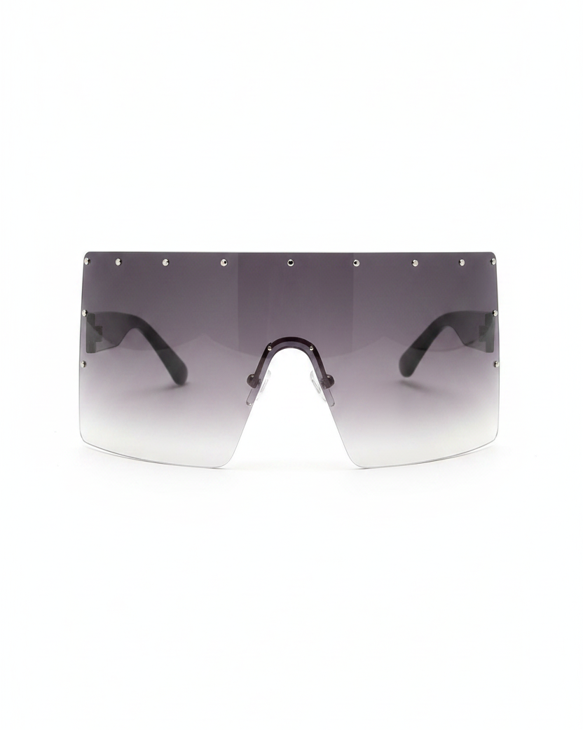 Oversized sunglasses with gradient grey lenses on a white background