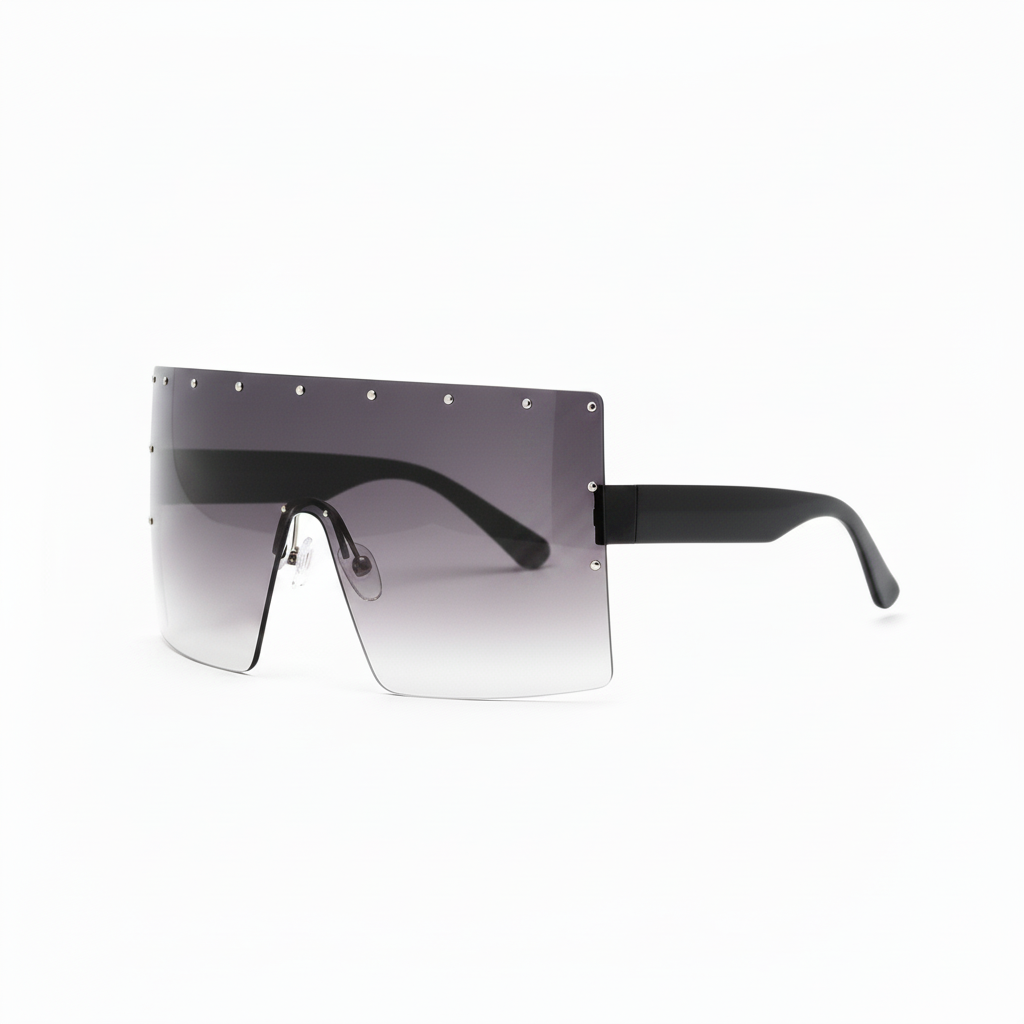 Oversized sunglasses with a black frame and gradient lens turn on an angle on a white background