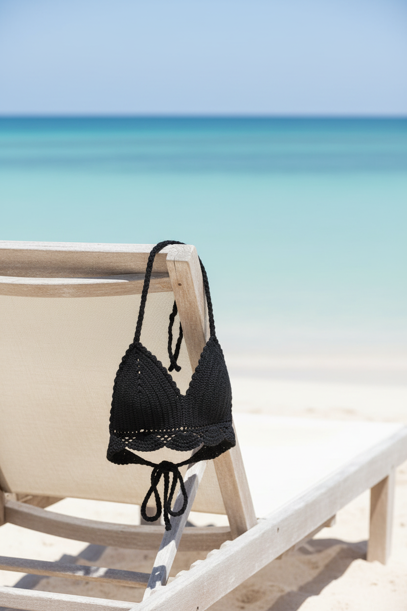 Black crochet top on beach chair
