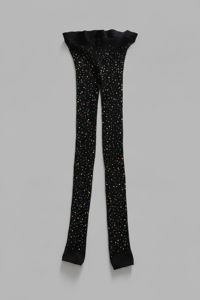 Black rhinestone fishnet tights flat lay