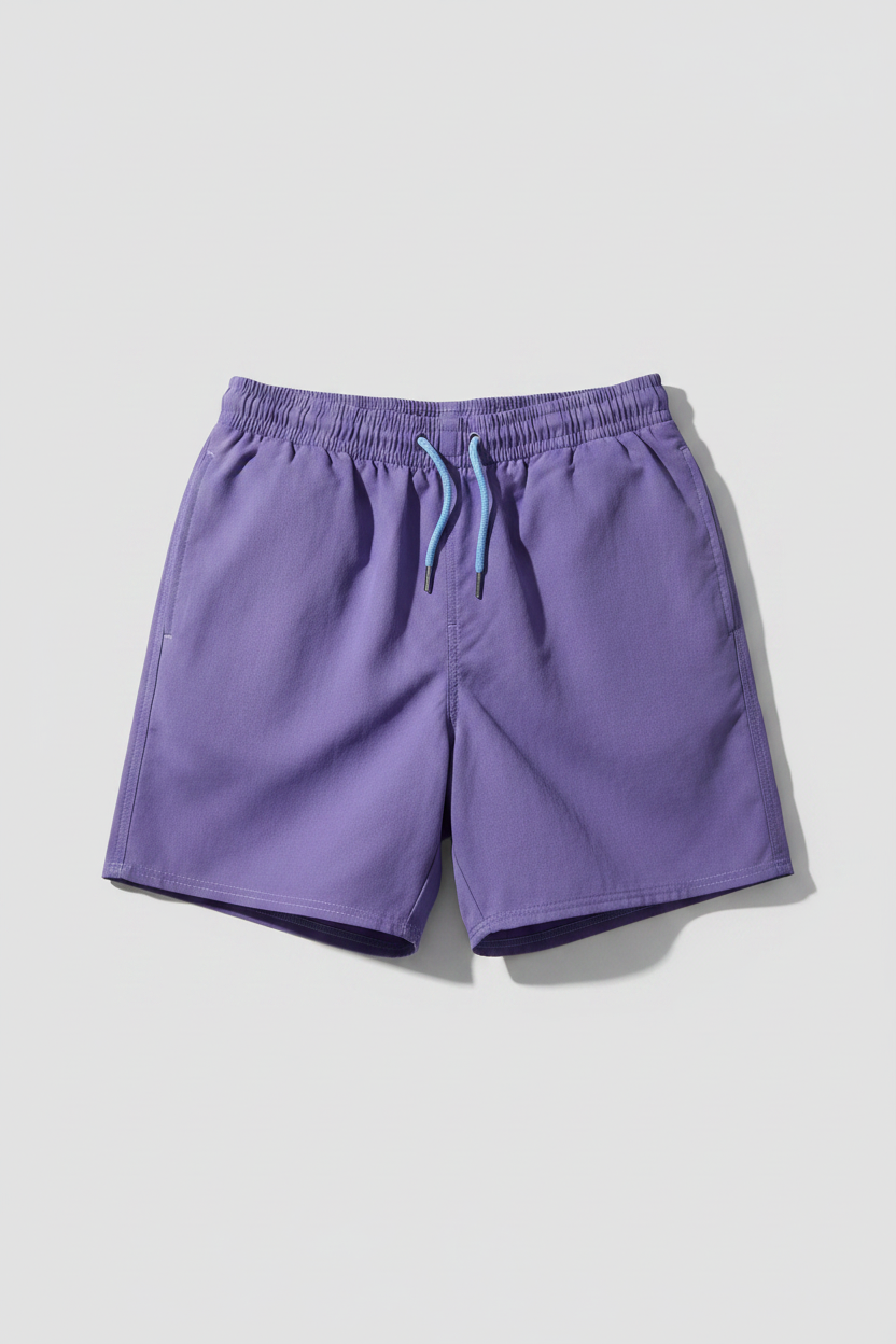 Purple Swim Trunks with blue jaw, strings and stitching on a light gray background