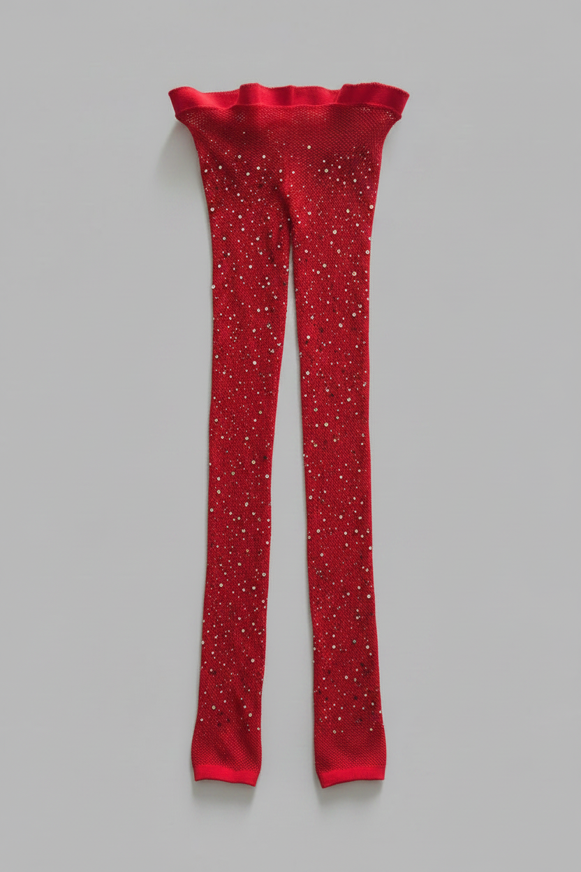 Red rhinestone fishnet tights with clear crystals flat lay